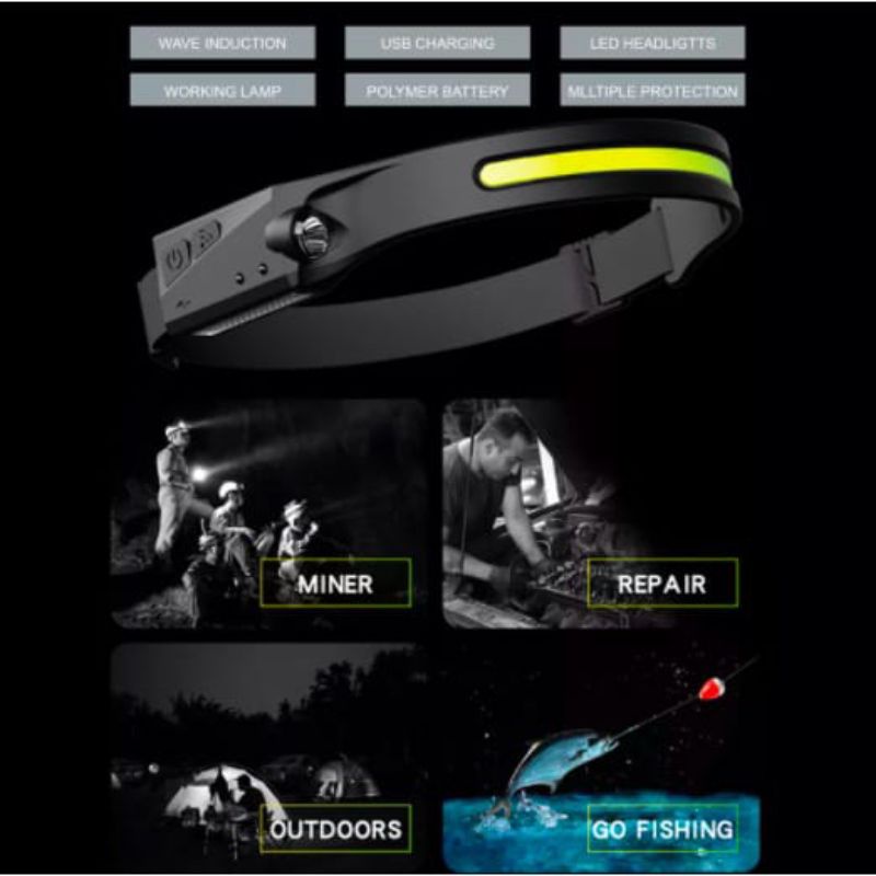 Head lamp / Lampu kepala COB /USB Charging Wave Induction Outdoor Riding Cob Headlight / Led Glaring Headlamp jkt