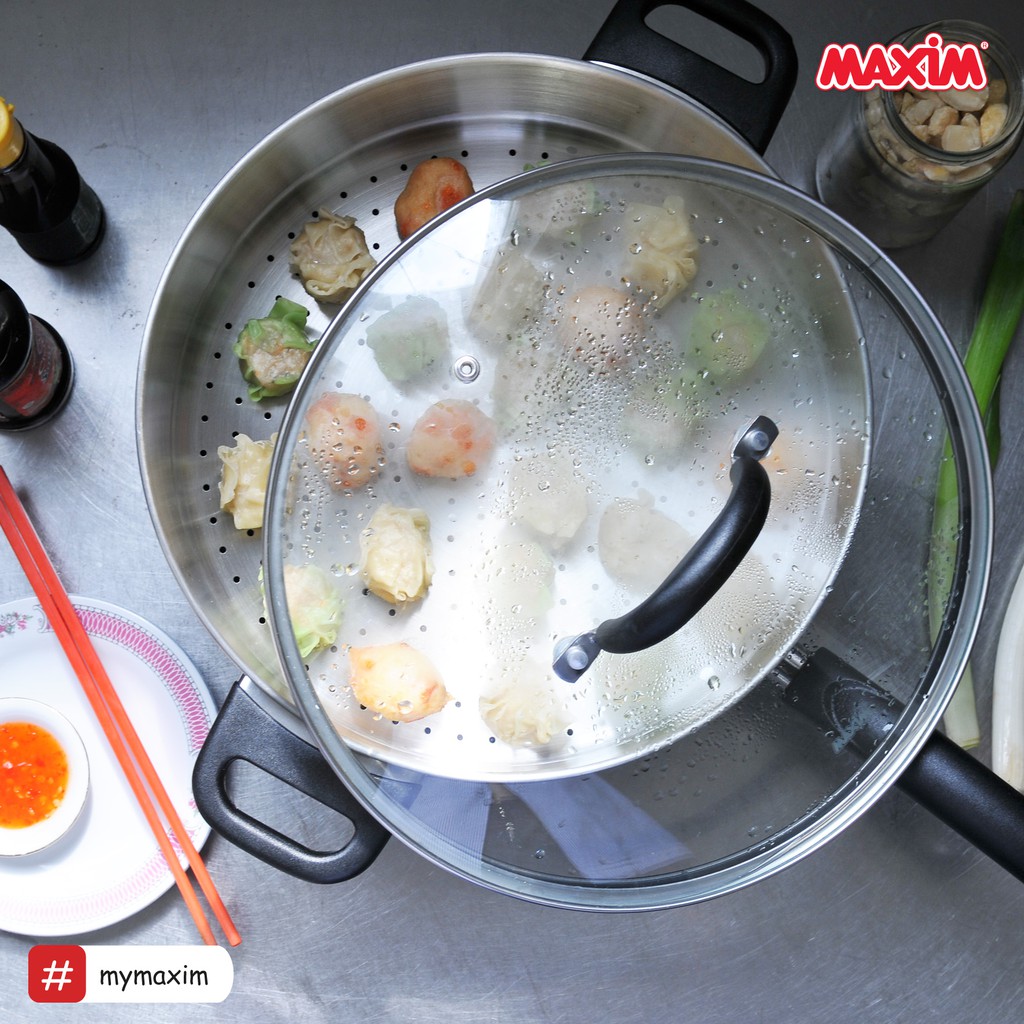 Maxim Essencia Wajan Penggorengan Hard Anodize 28cm Wok + Steamer + Tutup Kaca