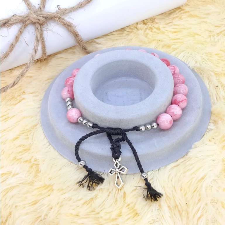 Gelang Rosario Batu Pink Burneo Manik Stainless