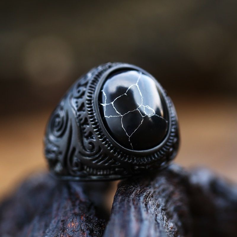 Cincin Pria Batu Pirus Hitam Kura Ring Retro Hitam All Black Kantoran