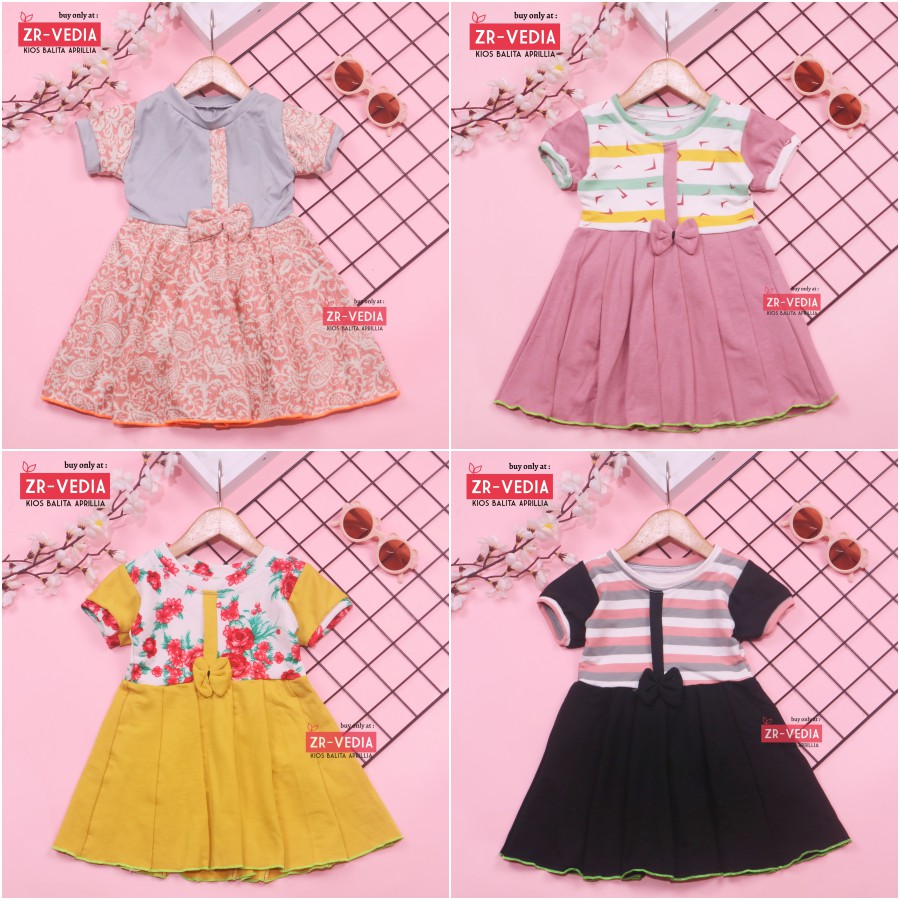 Dress Jasmine size 0-12 Bulan / Dres Bayi Baby Anak Perempuan Baju Lengan Adem Pita Motif Polos ZR-Vedia