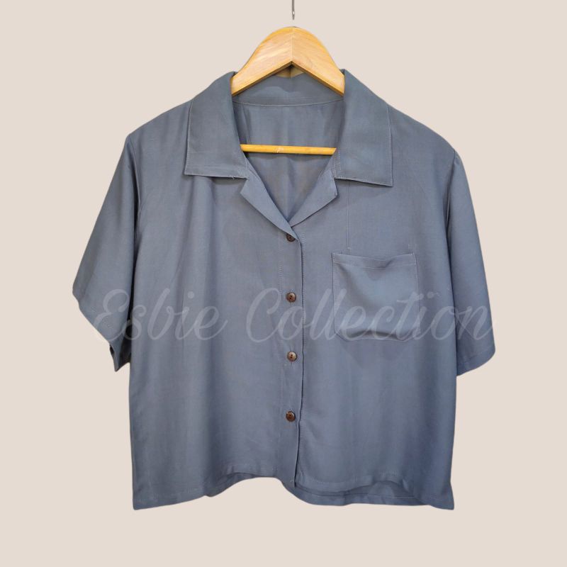 KEMEJA WANITA CROP POLOS-Abu