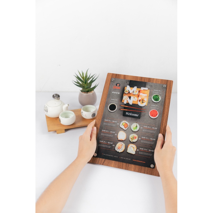 

MENU BOARD KAYU MIX AKRILIK 2 SISI SIZE A3 INCLUDE PRINT ISI MENU