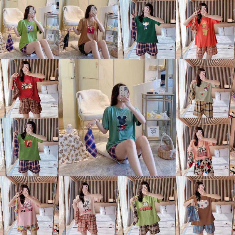 Baju tidur wanita / Piyama hotpant wanita import spandek free pouch