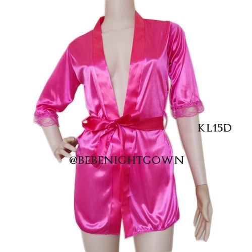 (BEST SELLER) SET KIMONO TIDUR SEXY LINGERIE LACE SATIN FUSHIA WANITA KL15F