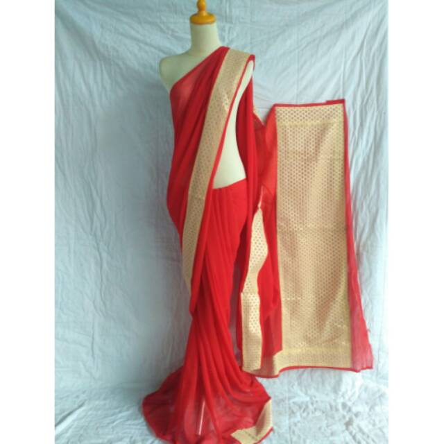 Kain saree/ sari India Georgette merah