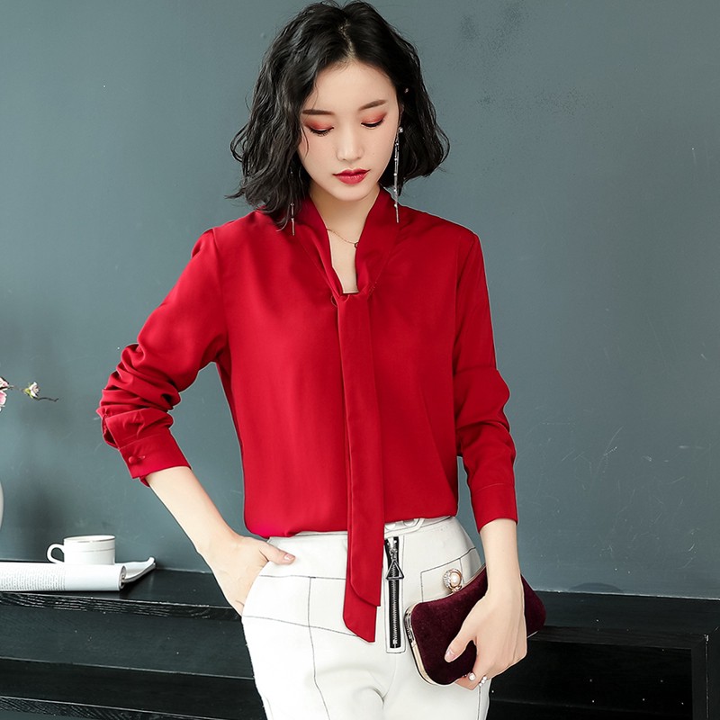 [baju wanita import] blouse Wanita Casual Lengan Panjang Bahan Sifon Versi Korea Warna Putih Biru