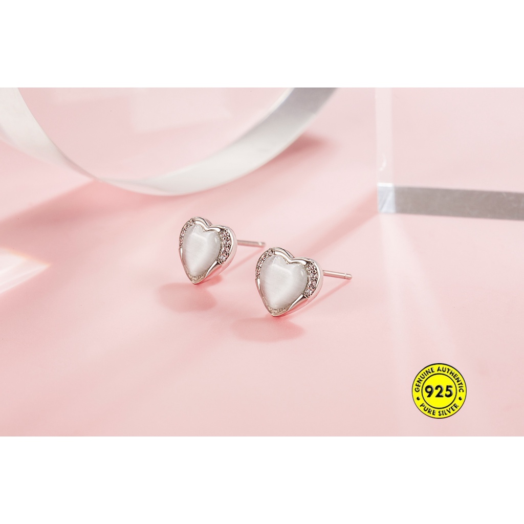 Anting Tusuk Sterling Silver 925 Desain Hati Hias Batu Opal Anti Air / Alergi Untuk Wanita