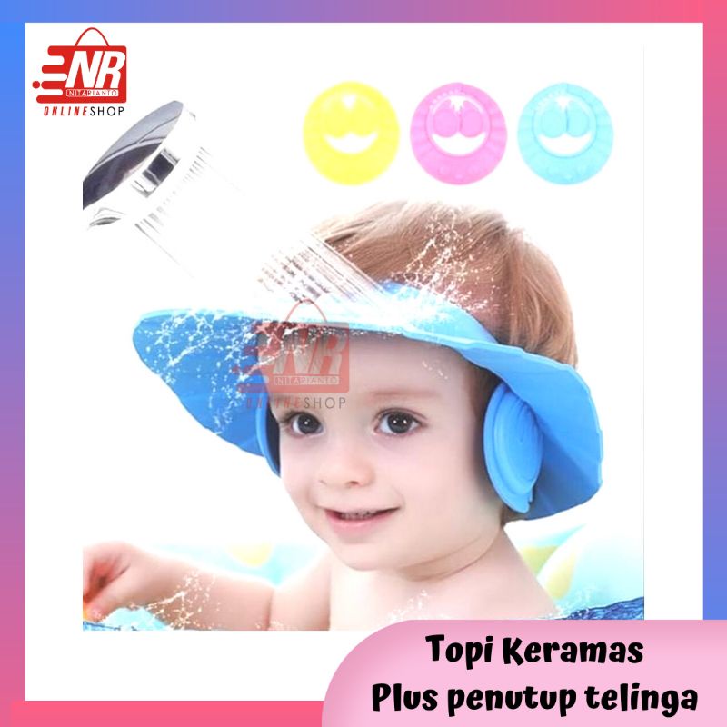 Topi keramas bayi / Shower cap / Topi keramas dengan penutup telinga / Topi keramas dilengkapi kancing / Topi Hujan