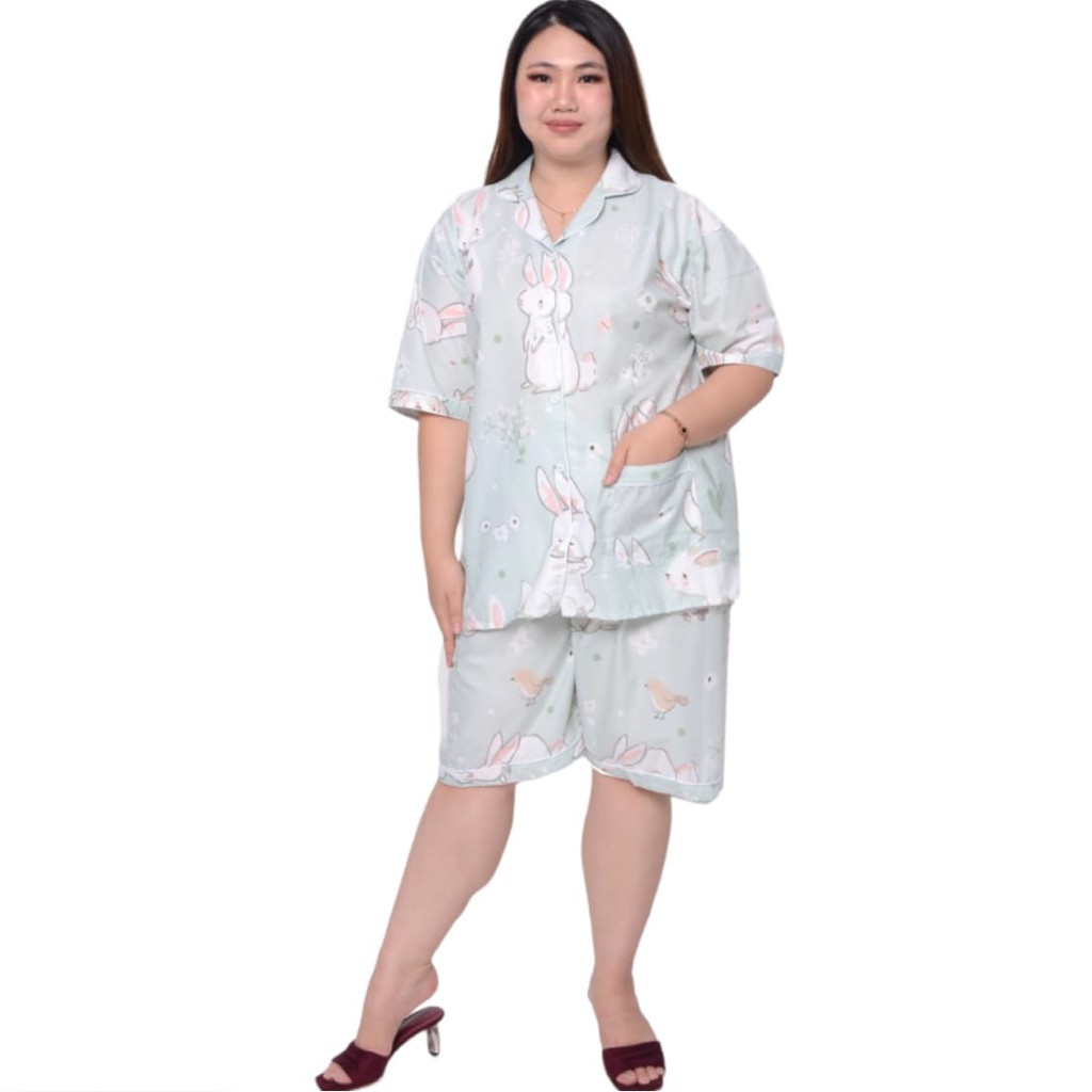 PIYAMA JUMBO CELANA PENDEK WANITA LD 130 120 SET BAJU TIDUR CEWEK DEWASA SETELAN KATUN KARAKTER-KELINCI HIJAU