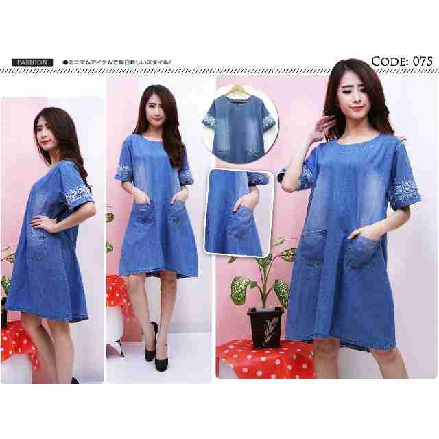 Baju Wanita Dress Casual Pendek Baju Hamil Jeans Jumbo Big Size XL 075