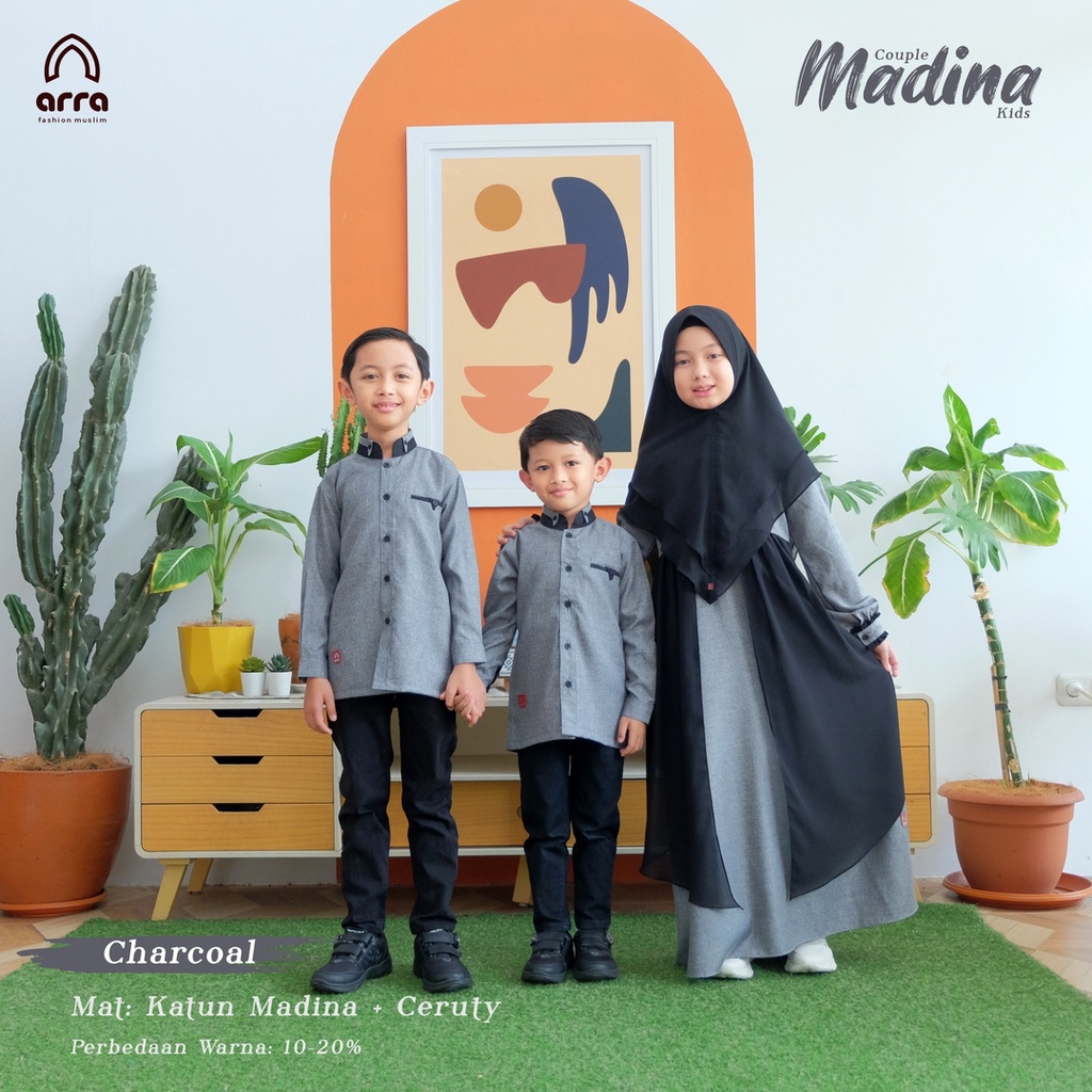 Arra Sarimbit Keluarga Gamis Ayah Ibu Anak Series Madina Warna Charcoal Original Premium Baju Couple Busana Muslim Terbaru 2022