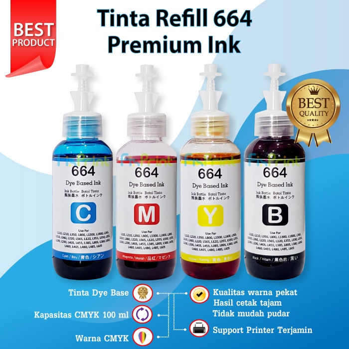 Paket CMYK Tinta Premium 664 Refill Botol 100ml Epson L110 L120 L121 L210 L220 L300 L310 L350 L355 L360 L365 L380 L385 L405 L485 L550 L555 L565