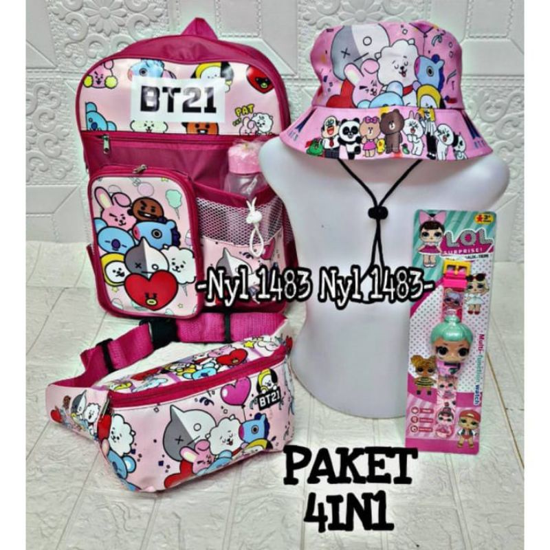 Tas ransel anak Kpop gratis tas selempang topi bucket jam botol minum - tas anak