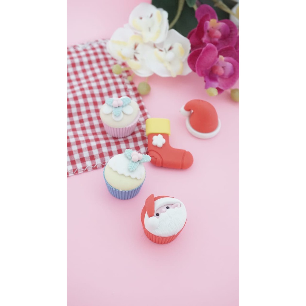 PAKET PENGHAPUS NATAL ISI 5 PCS SANTA CLAUSE CUPCAKE CHRISTMAS THEME ERASER STIP SETIP