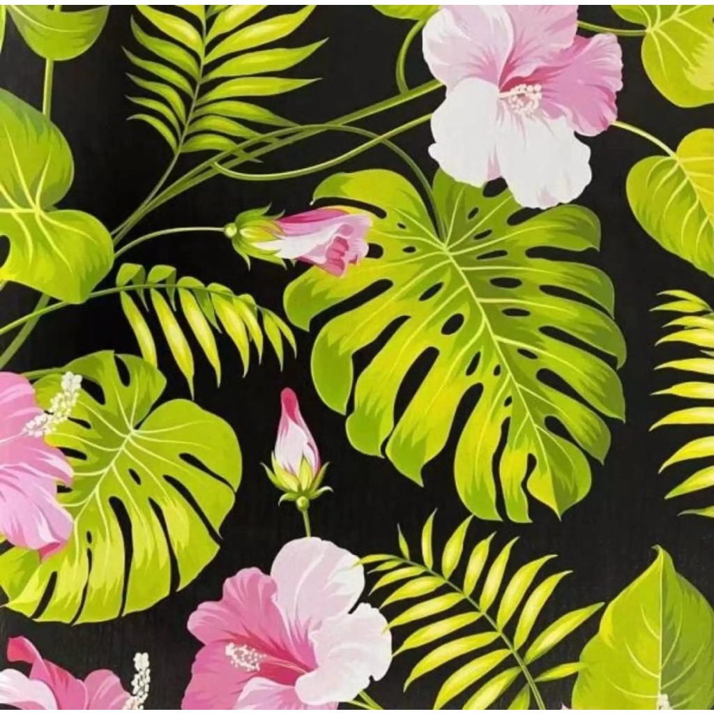 WALLPAPER DINDING MOTIF DAUN MONSTERA BUNGA PINK