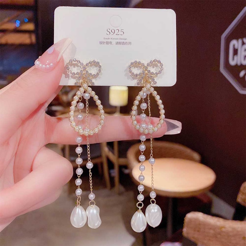 XiaoboACC Anting Tusuk Gantung Bahan Sterling Silver 925 Desain Pita + Mutiara Gaya Korea Untuk Wanita