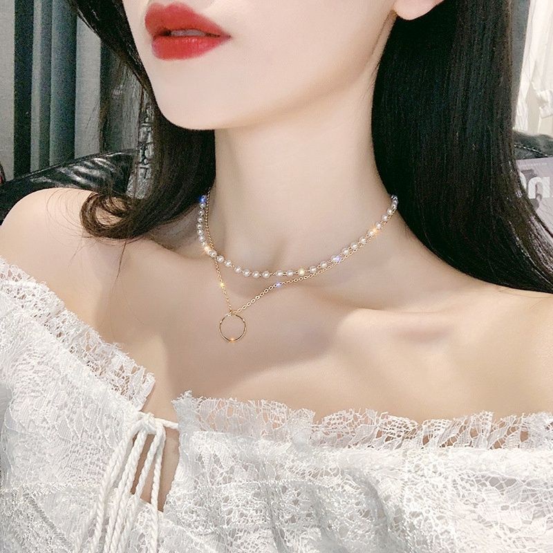 Kalung Multilayer Korea Mutiara Liontin O Ring Double Layer Dua Lapis Rantai Korean Necklace Pearl