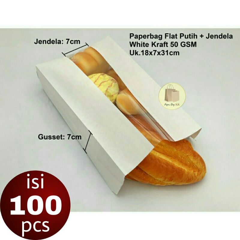 

Paperbag Kantong Kertas Roti Jendela Putih XL 18x7x31 cm (isi 100 pcs)