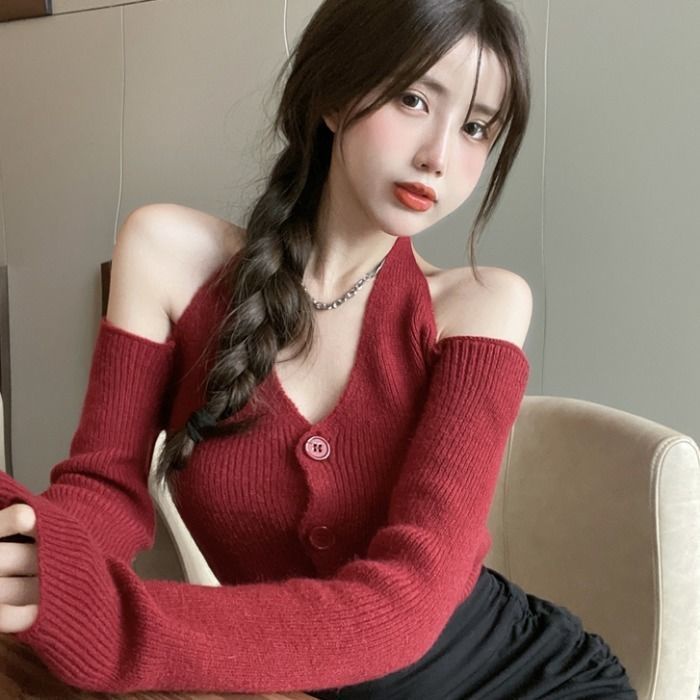 Suhao Tik Baru Musim GugurTok Pop Pakaian Murni Keinginan Leher Off-shoulder Lengan Panjang V-Neck Knit Spice Girl Top