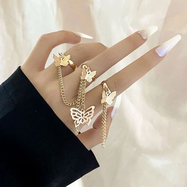 Korean Style Butterfly Rings Set Tassel Chain Adjustable Ring for Women Fashion Accessories Jewelry