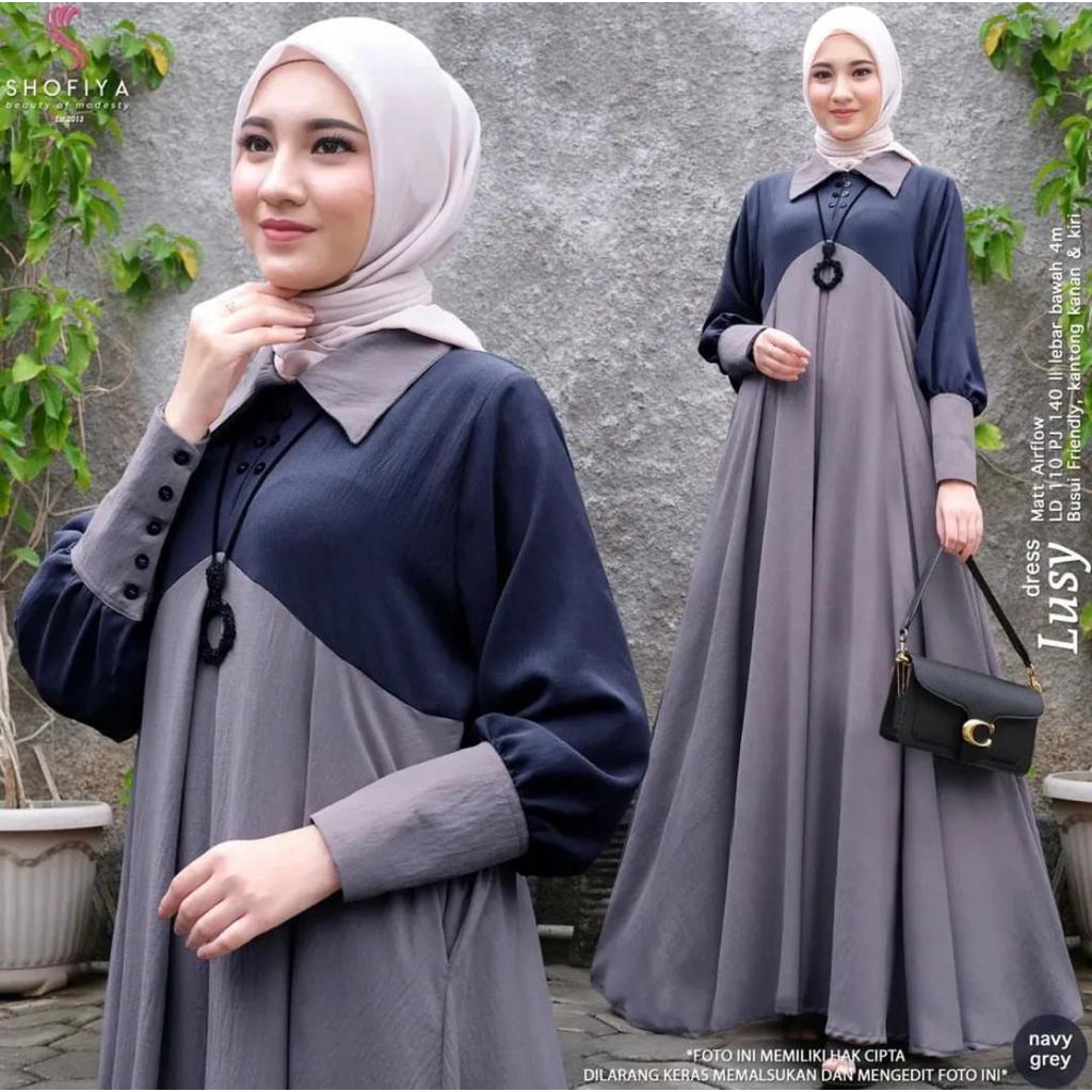 Lusy Dress Terbaru/ Gamis Crinkle Muslimah Terbaru Two Tone / Fashion Muslim Wanita Terkini / Baju Dress Murah