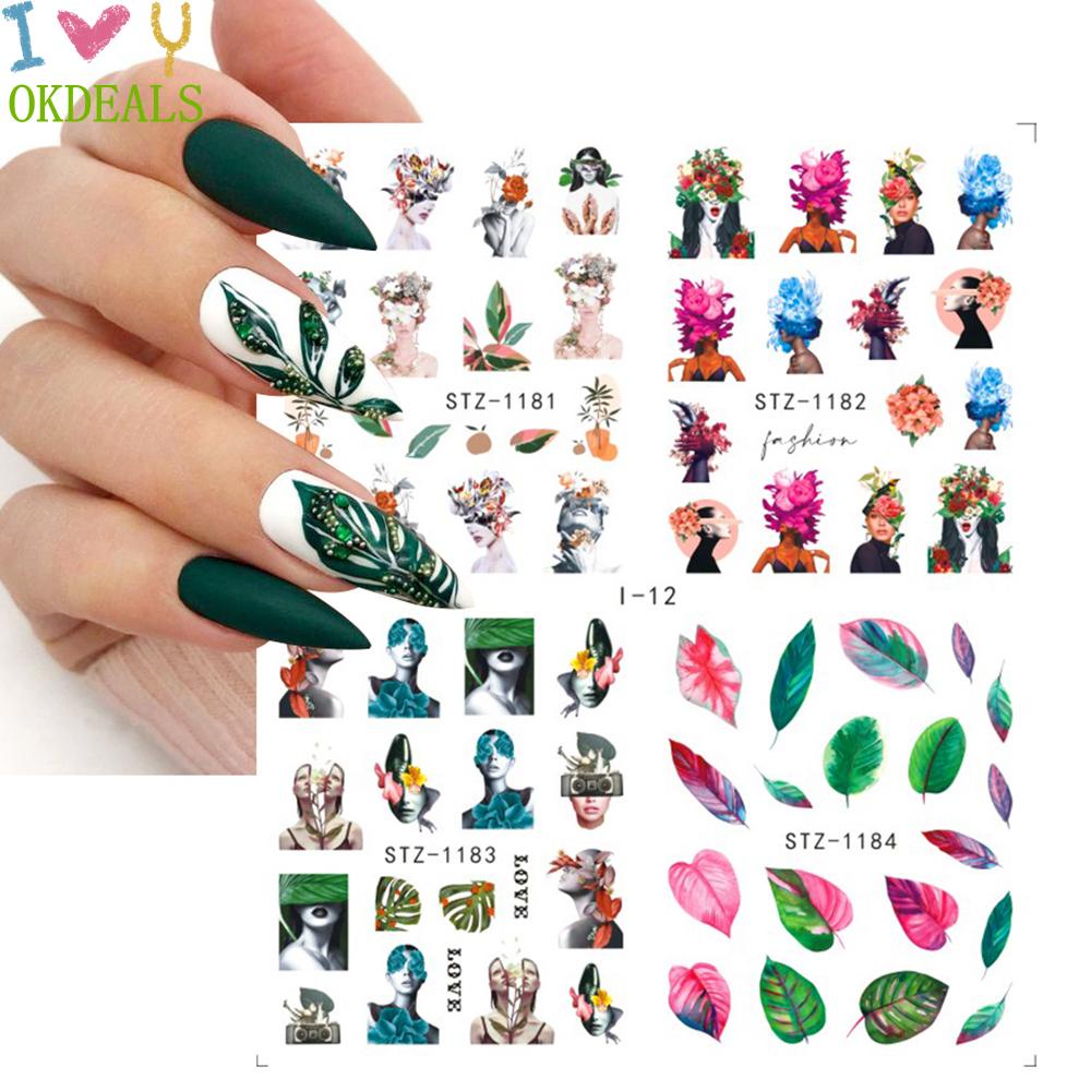 Okdeals 6Pcs/Set Hot Simple Tattoo Summer Nail Stickers Abtract Face Water Transfer Watercolor Nail Art Decor Flower Leaf Design | Shopee Indonesia