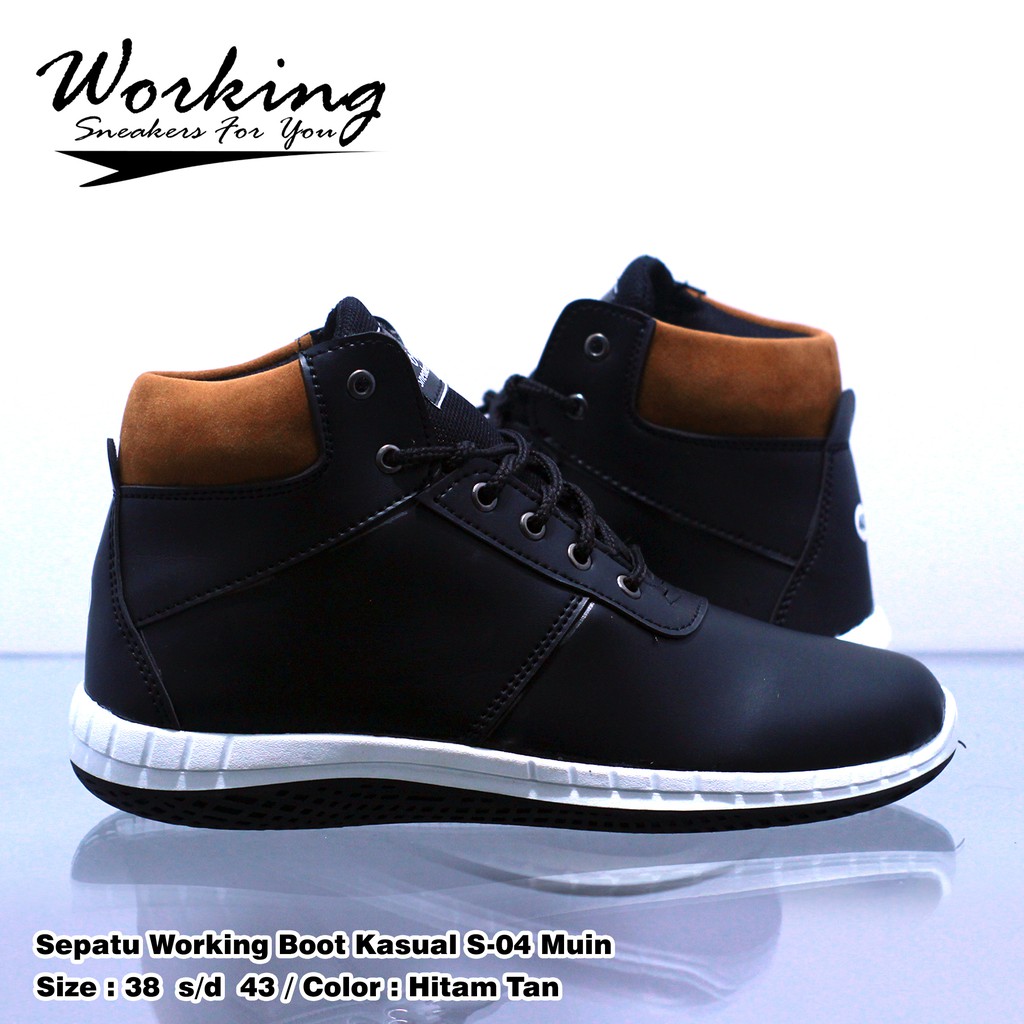 Sepatu Pria Kasual Working Boot S-04 Full Kulit Sintetis Untuk Kerja Kuliah