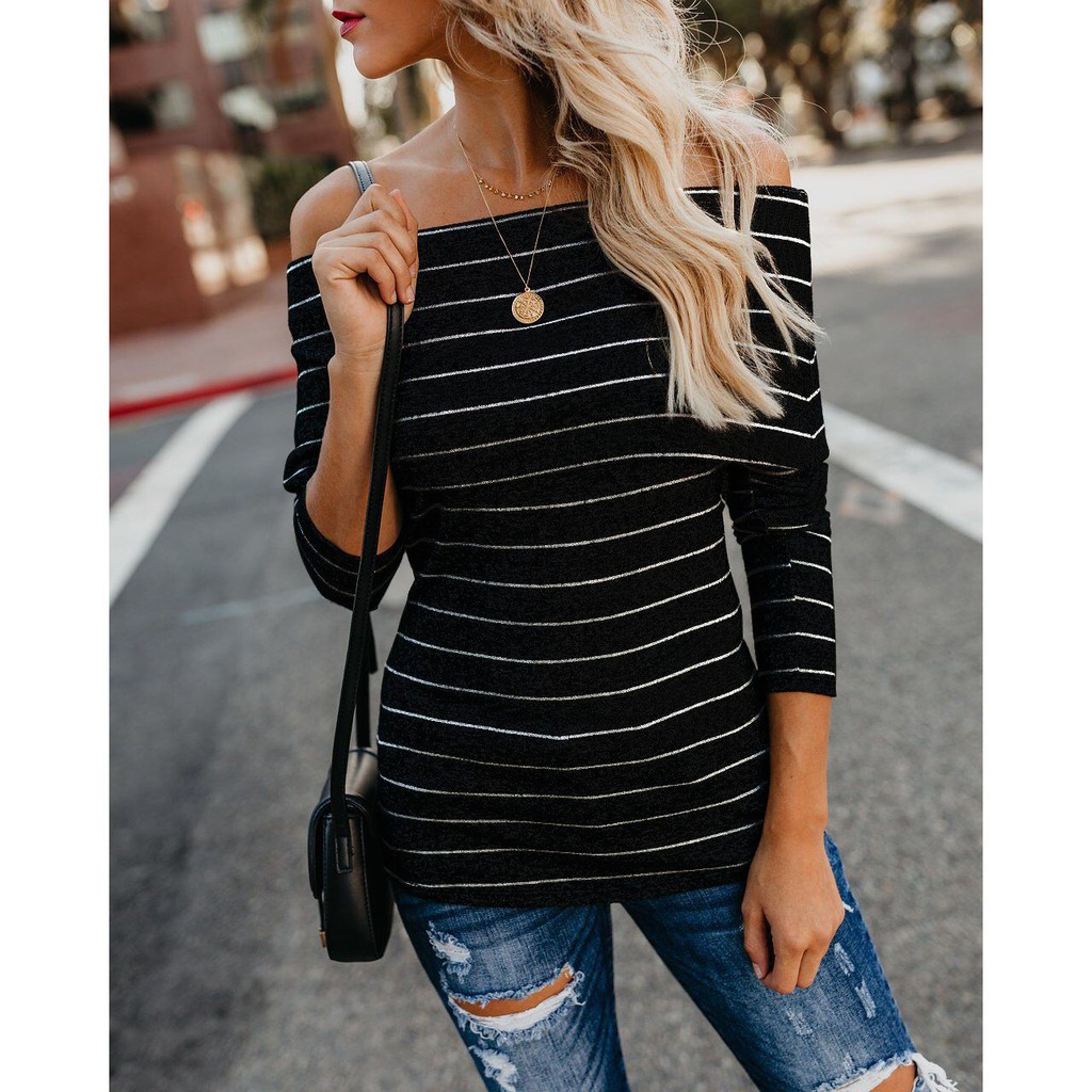 off the shoulder red and white striped shirt