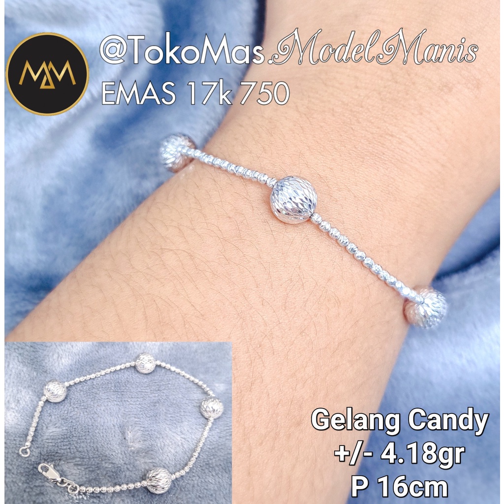 Gelang Candy Biji lada emas putih 750 kadar 17k