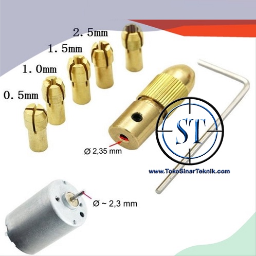 Paket Chuck set Drill 2.35mm Collet 7in1 5pcs Motor DC Coupling mini Bor Drill Brass Kuningan Copper Gerinda Grinder Mini + kunci L