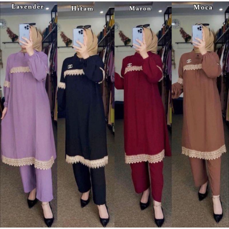 Joyagh One Set Tunik Renda Crinkle Airflow Setelan Wanita Lengan Panjang Fashion Muslim Kekinian LD 120 cm