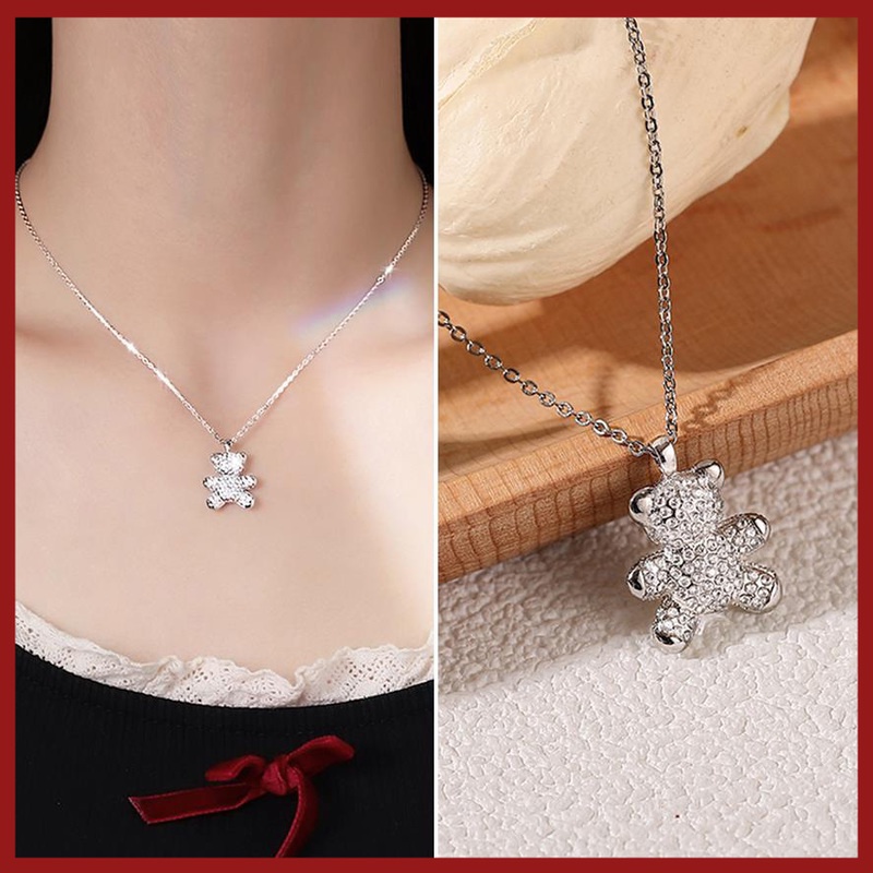 Kalung Rantai Sterling Silver 925 Dengan Liontin Beruang Hias Berlian Imitasi Untuk Wanita
