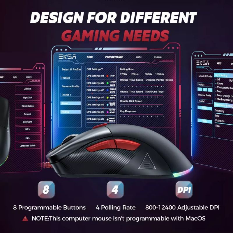 EKSA EM500 RGB Gaming Mouse 12400 DPI 1000Hz Lightweight USB Wired Gaming Mice with 8 Programmable Buttons for PC Laptop