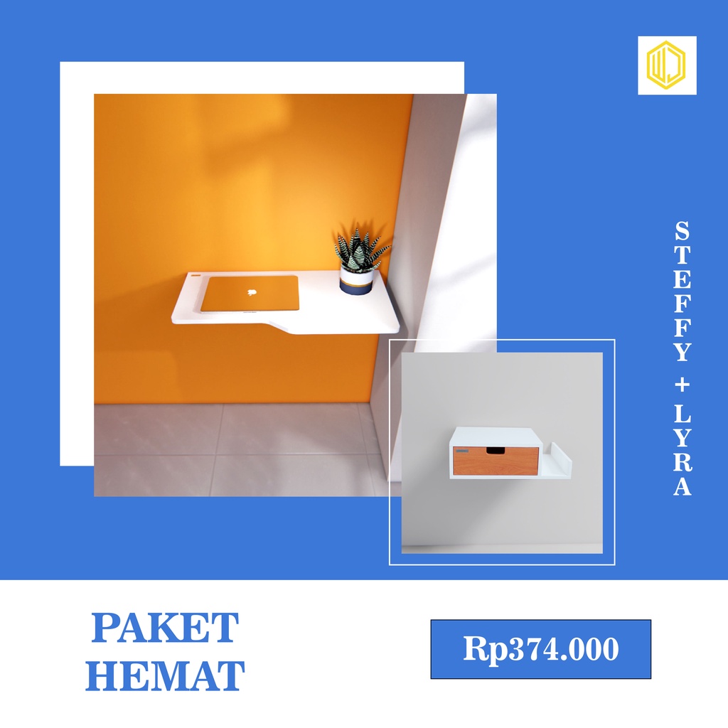 COMBO 2pcs isi Meja belajar lipat dinding / meja lipat unik steffy & rak laci gantung melayang tempe