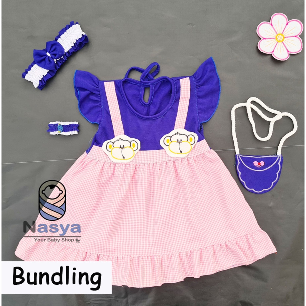 [P-015B] Dress bayi umur 0-6 bulan motif monyet Full Set Bandana, Gelang dan Tas