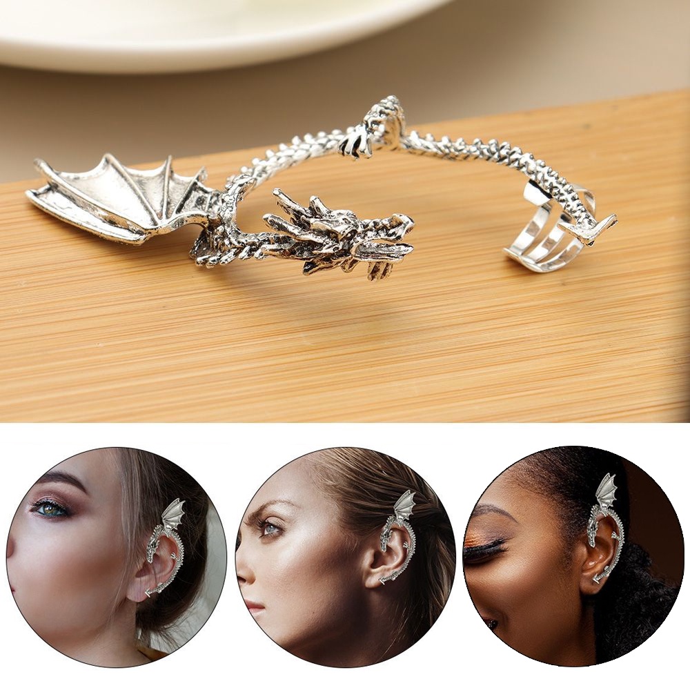 Anting Naga non tindik ear cuff cantol unik ukuran bisa disesuaikan warna emas hitam silver bahan alloy ukiran detail unisex untuk cewek cowok model cantolan melingkar