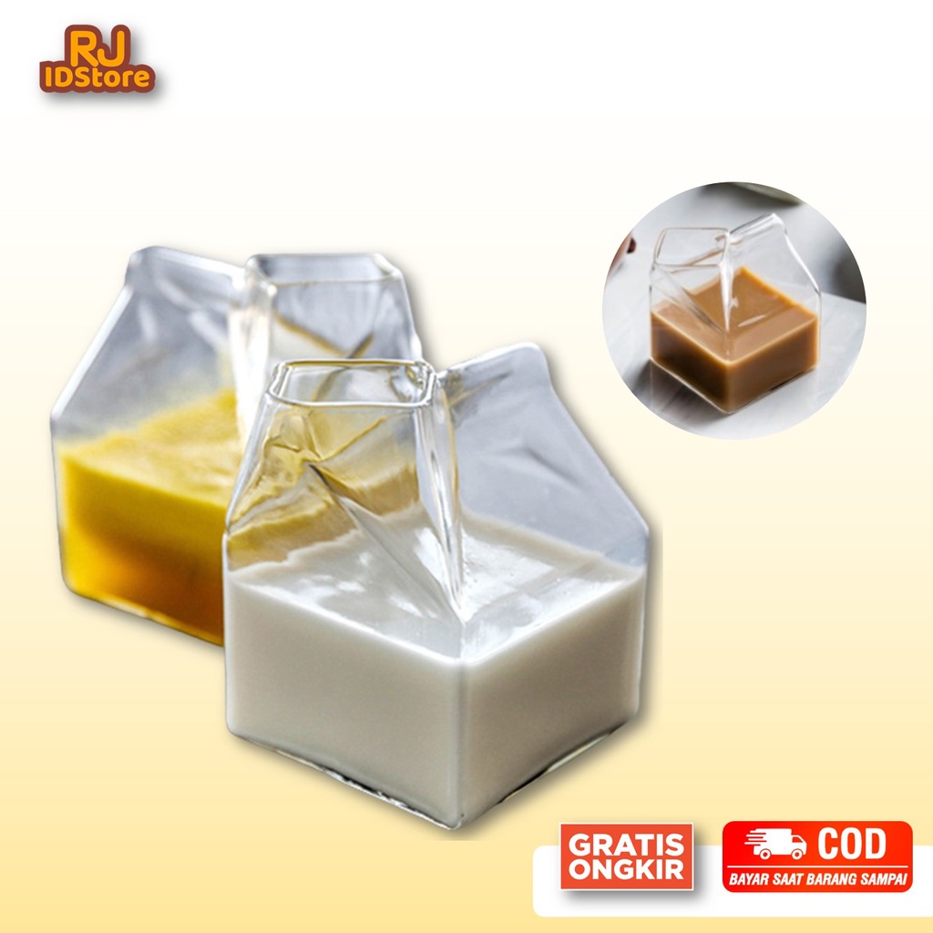 Gelas Kaca Kotak Susu Bening Transparan Desain Milk Box Gelas Unik Kaca Kotak 300ml