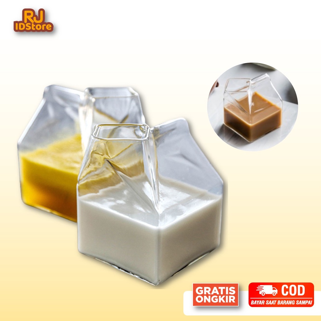 Jual Gelas Kaca Kotak Susu Bening Transparan Desain Milk Box Gelas Unik Kaca Kotak 300ml 1583