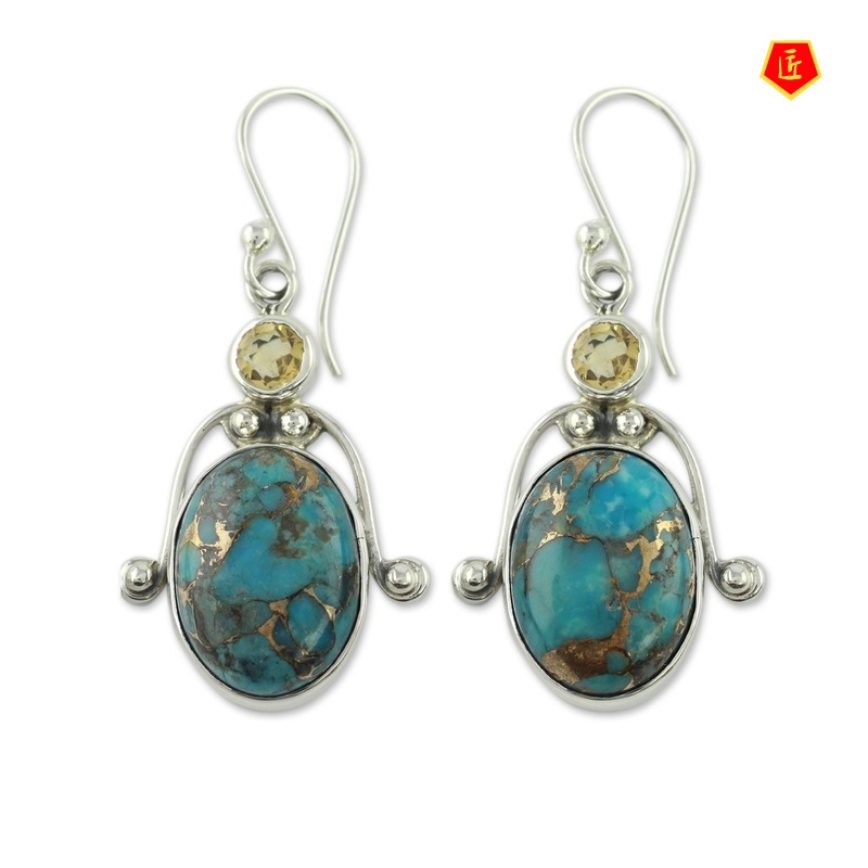 [Ready Stock]Inlaid Yellow Diamond Oval Turquoise Earrings Elegant Graceful