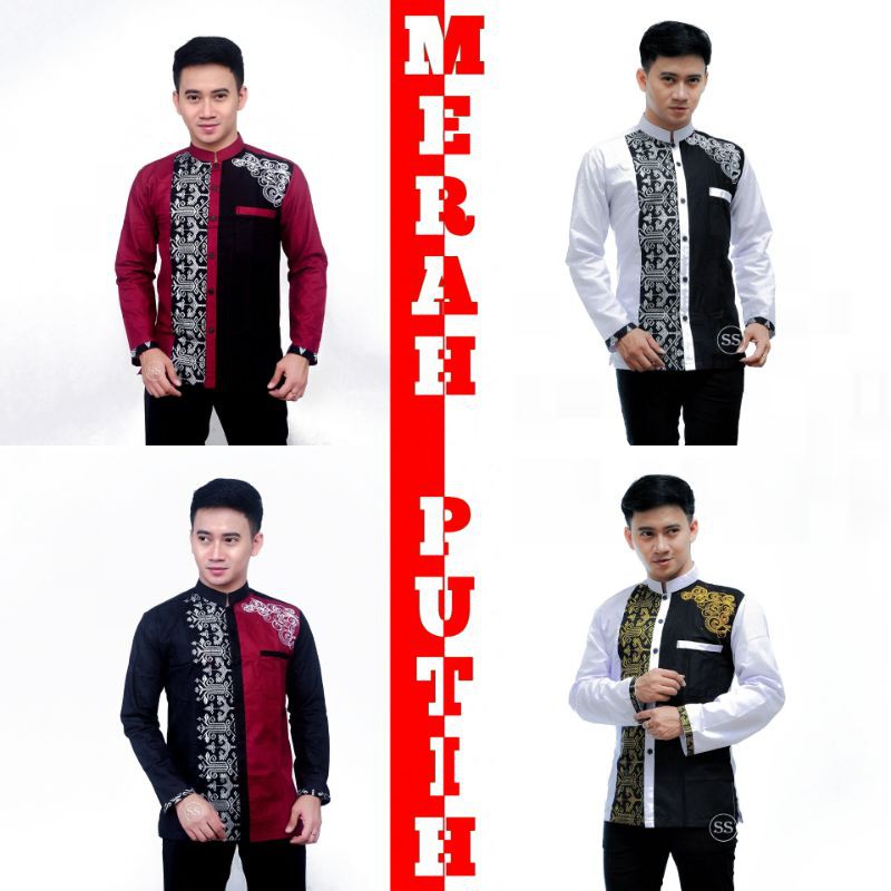 Baju Koko Pria Lengan Panjang Terbaru Kekinian Kombinasi Bordir dan Batik | Baju Muslim Pria