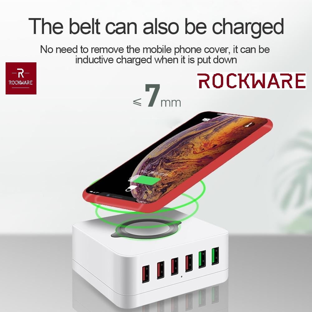 ROCKWARE E6 - 6 USB Port Charging Station and Qi Wireless Charge - 72W - Charger Multiport Up To 6