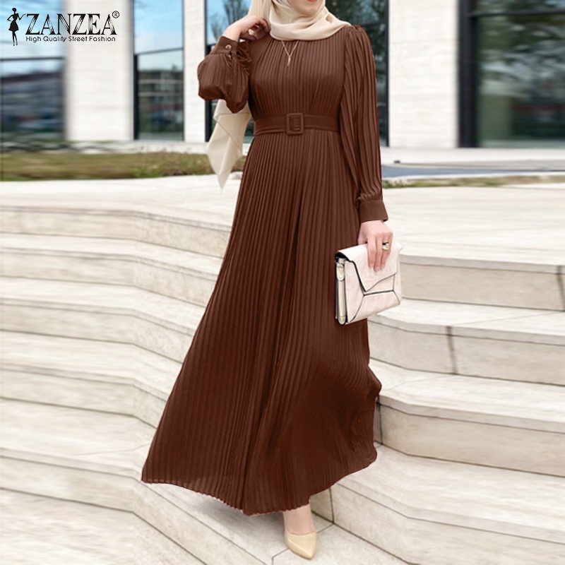 ZANZEA Women Fashion Casual Solid Color Long Sleeve O Neck Retro Muslim With Belt Maxi Dress