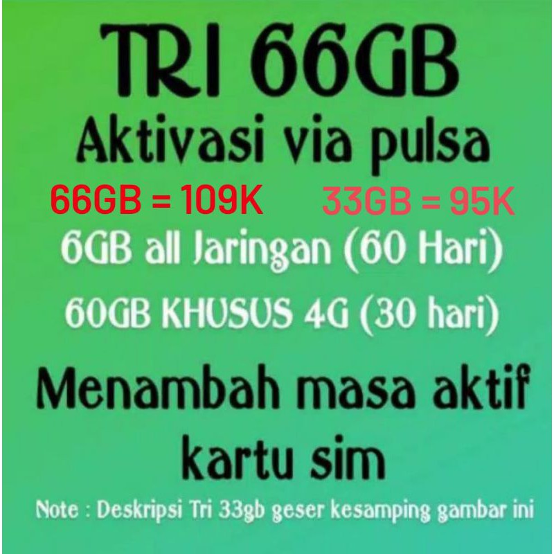 Kuota Tri 66gb 33gb Aktivasi Via Pulsa Tri 66 Gb 33 Gb Shopee Indonesia