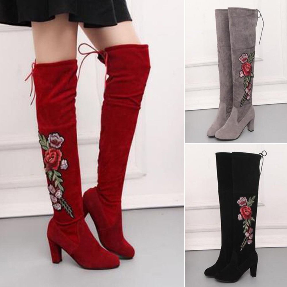 flat red thigh high boots