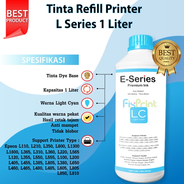 Tinta Dye Base Epson L Series 1 Liter Printer L1110 L1210 L1250 L1256 L3100 L3101 L3110 L3210 L3116 L3150 L3156 L3250 L3256 L5190 L5290 L5296 L6160 L6260 L6270 L6290 L6460 L6490 L6550 L6580 L6170 L6190 L14150 L15150 L15160 L15180 L4150 L4160 L4260 L4266