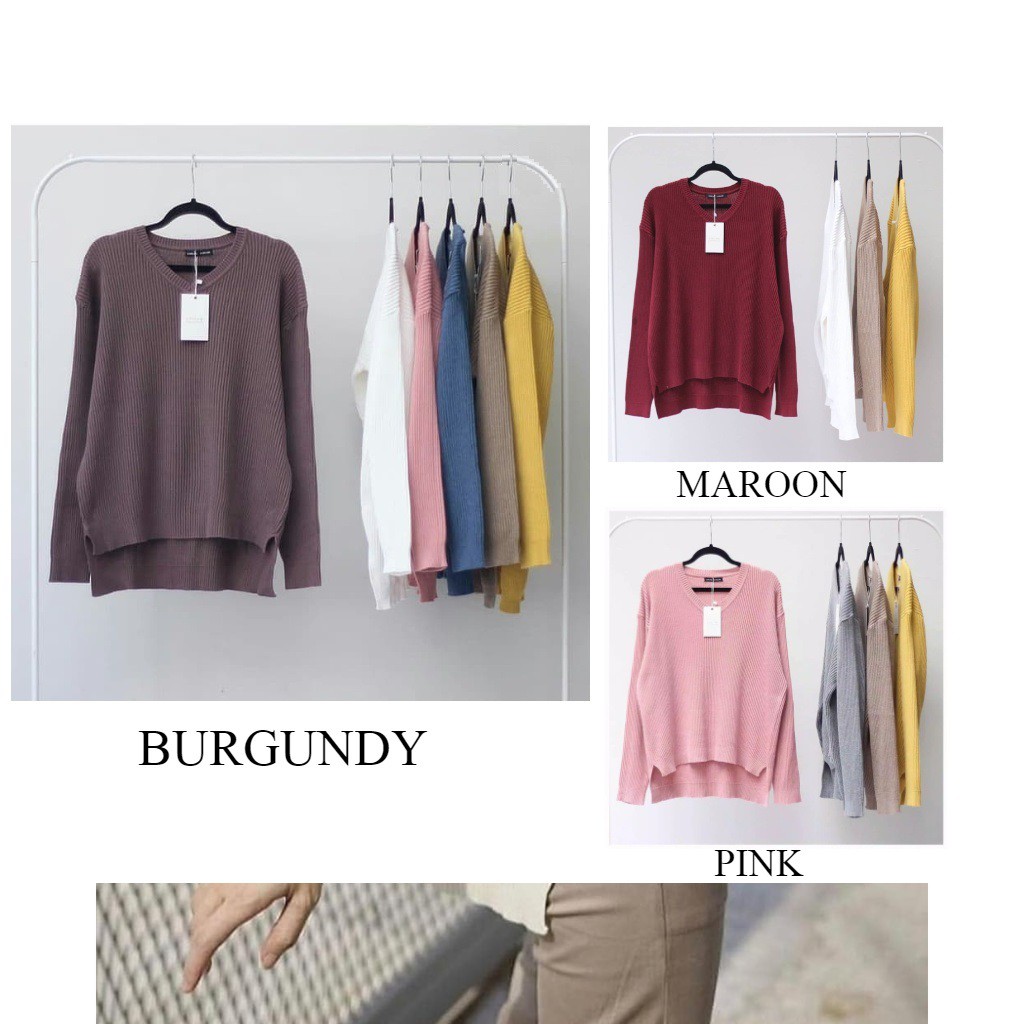VIONA - QIYA SWEATER - VNECK BOXY RAJUT SWEATER-BURGUNDY