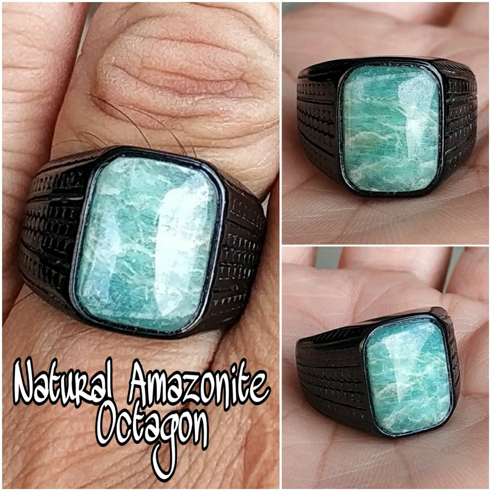 CINCIN BATU AKIK NATURAL AMAZONITE MINIMALIS OCTAGON TITANIUM MINIMALIS