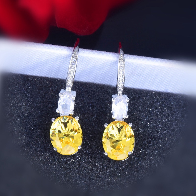 Anting Kait Gantung Bentuk Oval Besar Hias Berlian Imitasi Warna Kuning Untuk Wanita