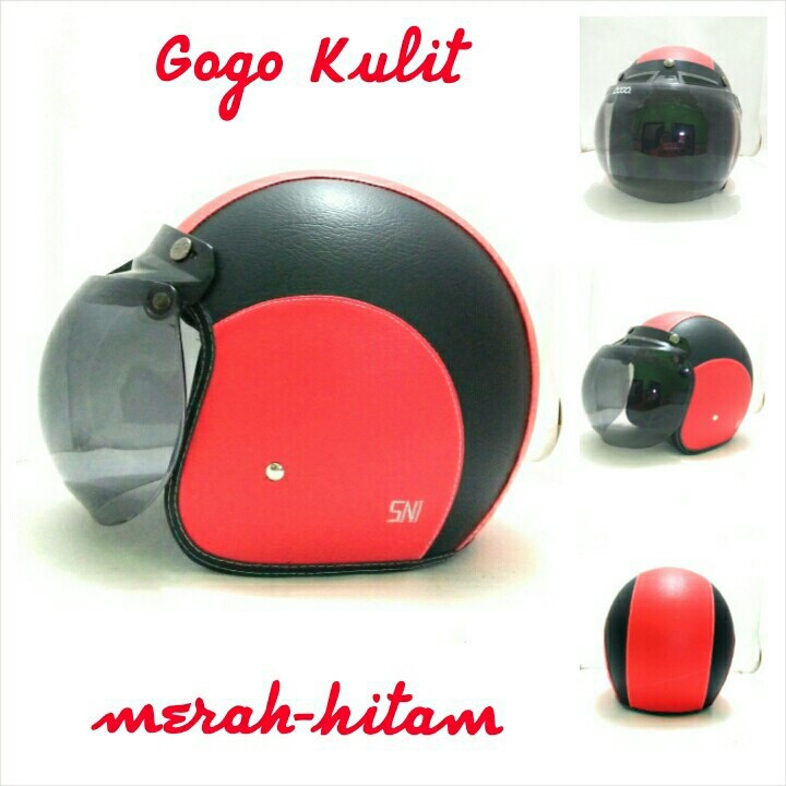 HM-402 Helm Bogo Retro Sni Kulit Classic Merah Hitam + Kaca Bogo Ori Murah